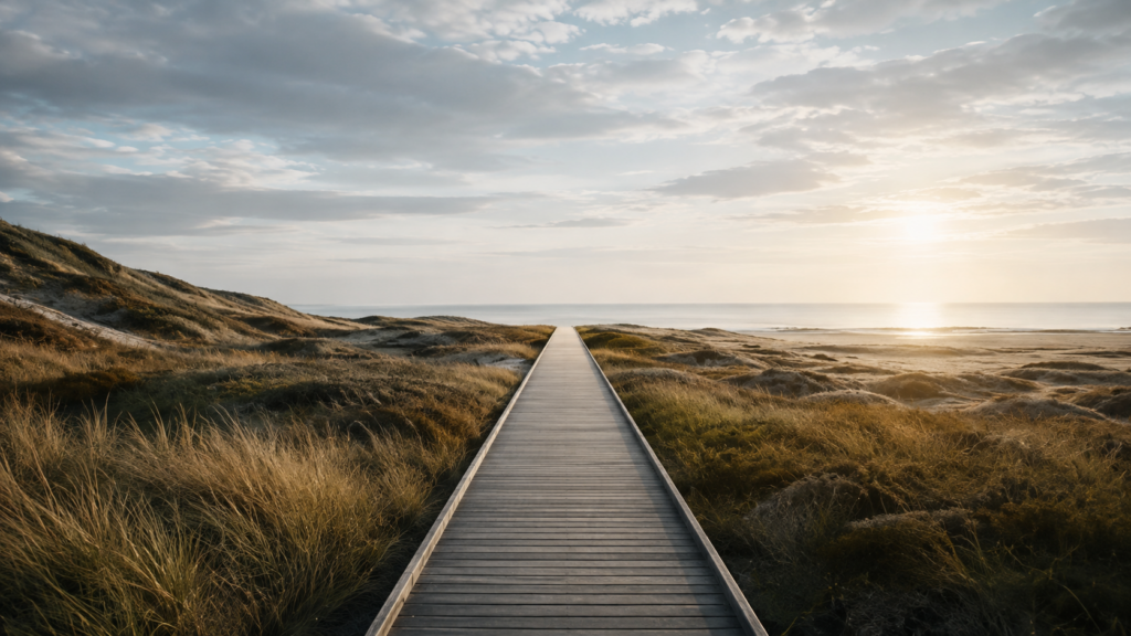 Holzsteg durch Dünenlandschaft mit weitem Blick zum Meer am Horizont bei ruhigem Licht.