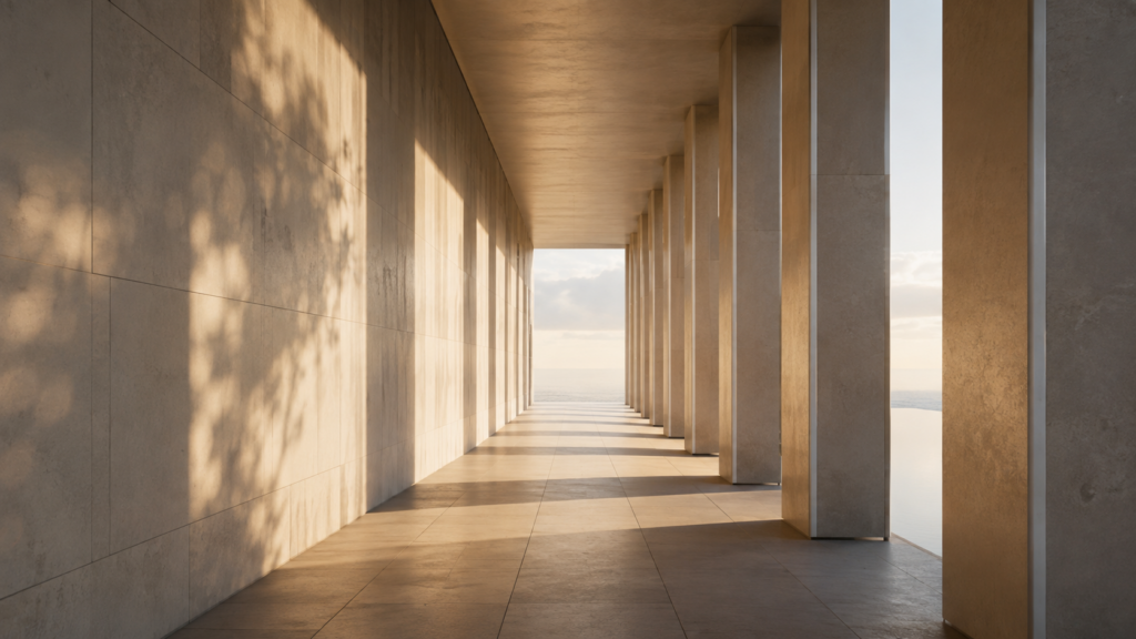 Minimalistische Kolonnade mit klaren Linien, warmem Licht und offenem Blick zum Meer.