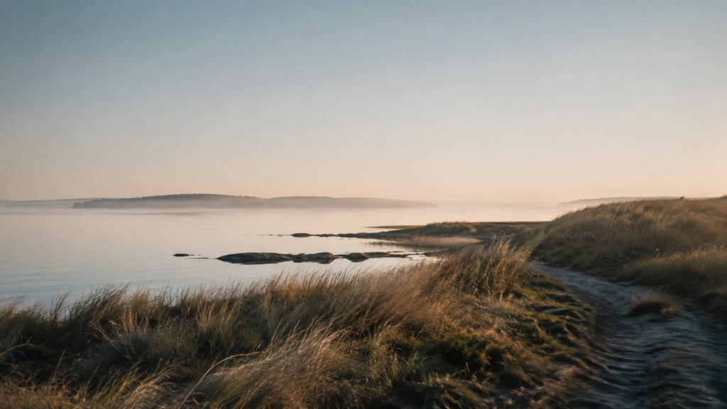 Ruhige Küstenlandschaft mit stillem Wasser, Gras im Vordergrund und weichem Morgenlicht.